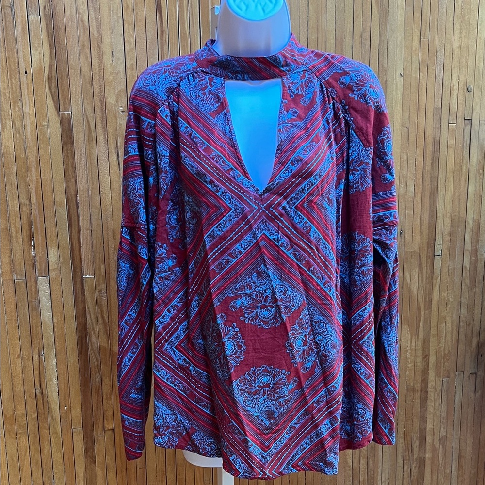 Free People Red and Blue Patterned Blouse